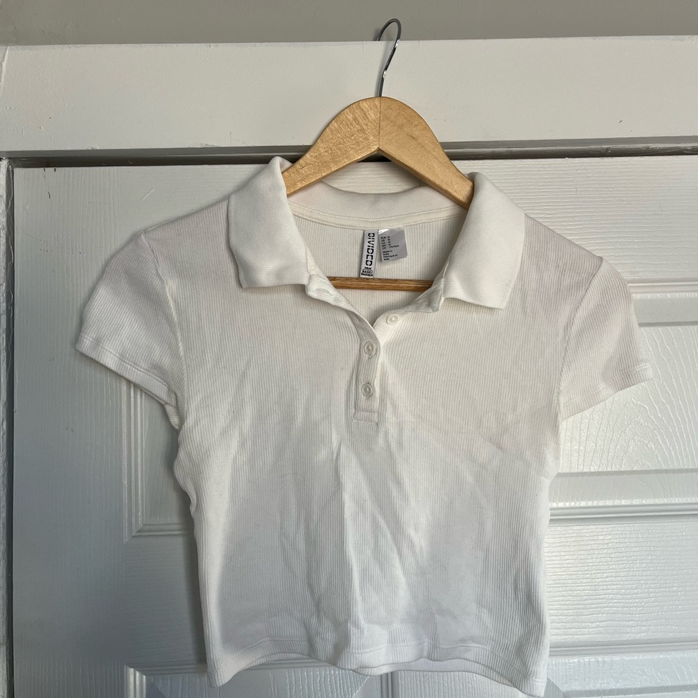 H&M White Ribbed Cropped Polo Shirt
